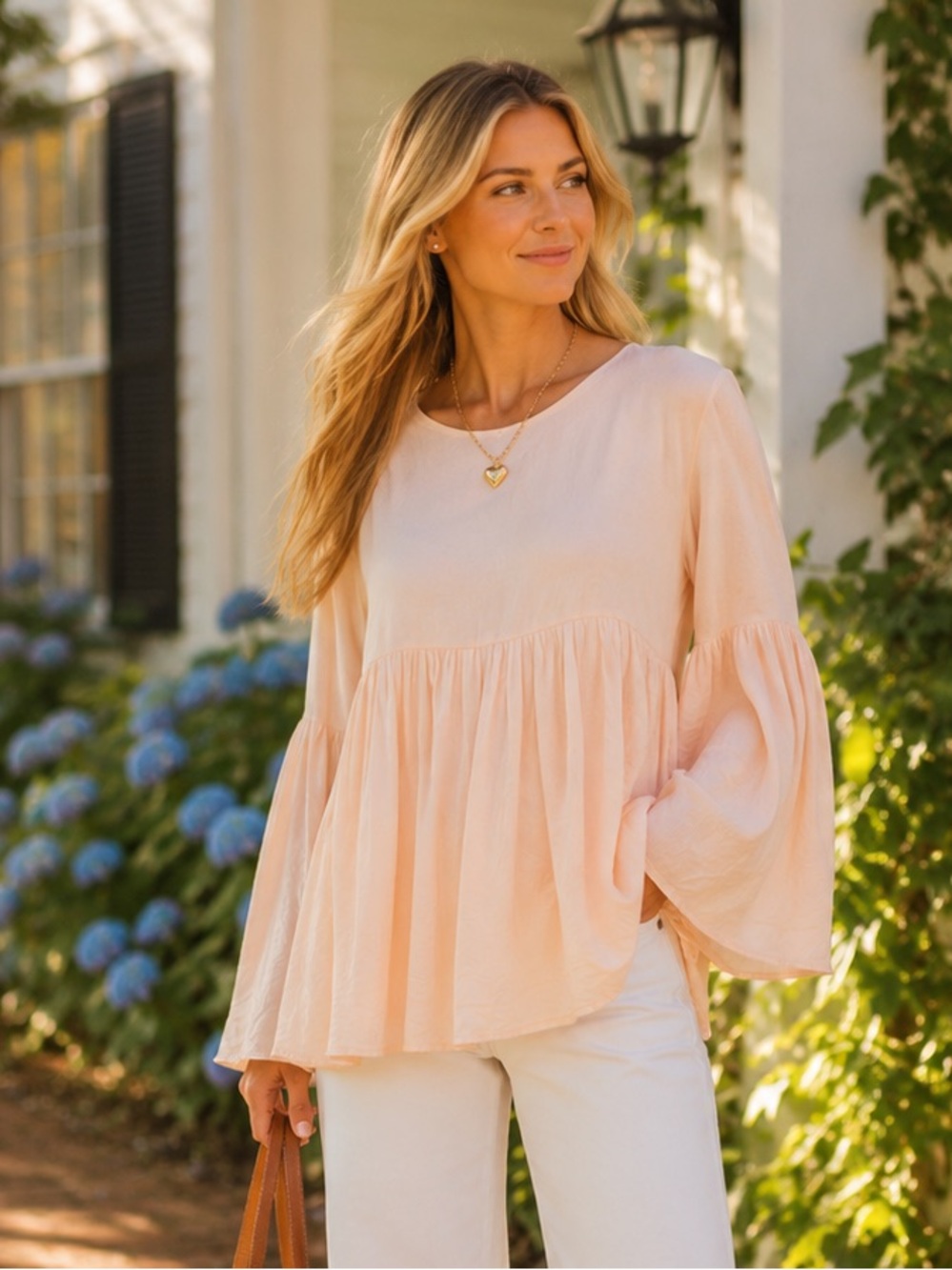 WALTER BAKER Peach Baby Doll Bell Sleeve Bohemian Cottagecore Blouse, M